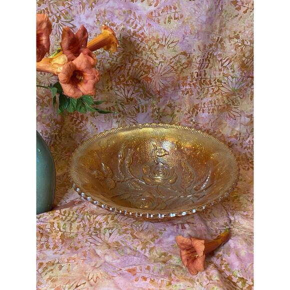 Iridescent Carnival Glass Bowl Orange Marigold Gold Fumed 9" Unmarked Vtg 50s - Picture 2 of 9